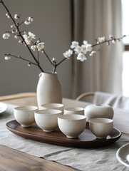 Minimalistic ceramic tea set with flowers on a wooden table.