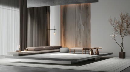 Minimalist living room with a raised platform, wooden wall panel, and a single potted plant.  The room is bathed in soft light.