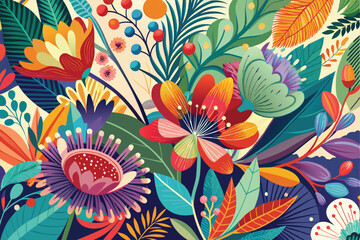 Colorful tropical floral background. Blooming flowers. Can be used as poster, exotic wallpaper. Vector illustration.
