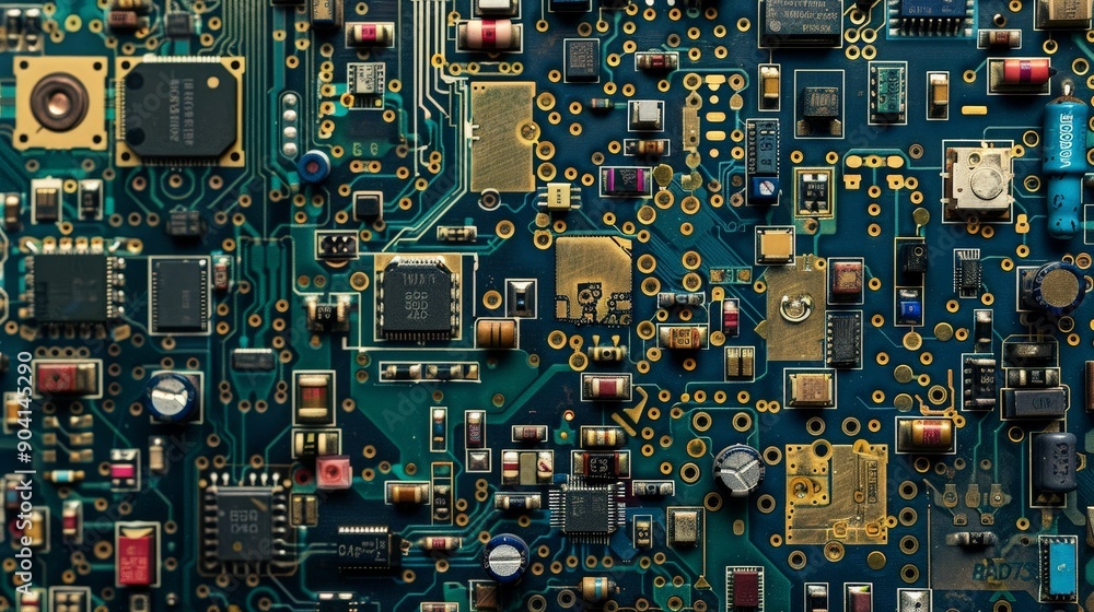 Poster a detailed circuit board with numerous interconnected components and precise circuitry, showcasing t
