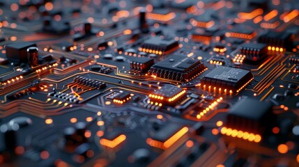 A detailed circuit board with a focus on its electronic components and copper traces, showcasing the intricacies of modern technology