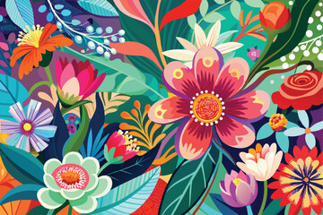 Colorful tropical floral background. Blooming flowers. Can be used as poster, exotic wallpaper. Vector illustration.