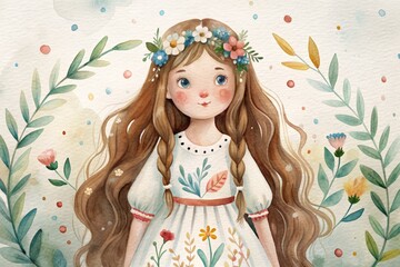 Fototapeta premium Delicate watercolor illustration of a young girl with long hair, adorned with flowers, in a serene, nature-inspired setting.