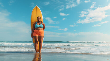 Plus size female model posing with a surfboard or SUP board on the beach against the backdrop of high waves.