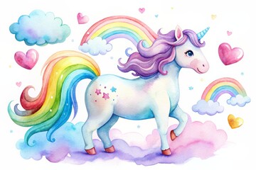 Fototapeta premium Adorable watercolor illustration of a unicorn with a rainbow mane, surrounded by hearts, clouds, and rainbows.