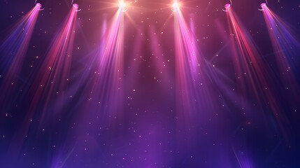 An empty stage is dramatically lit with vibrant blue and purple spotlights, casting a hazy glow and creating an anticipation for the upcoming performance