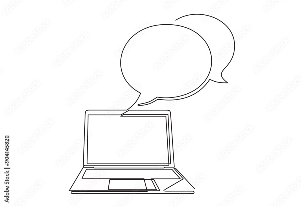 Aufkleber laptop computer with speech bubble.continuous line art or one line drawing