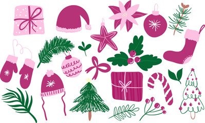 Christmas holidays bright pink vector elements set. Pink and green winter holidays items with flat scribbles of gift boxes, lollipops, mistletoe, presents, mittens, santa hat. Hand drawn items.