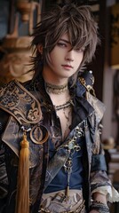 A handsome male model in detailed cosplay embodies a fantasy character