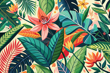 Colorful tropical floral background. Blooming flowers. Can be used as poster, exotic wallpaper. Vector illustration.