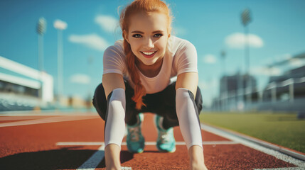 Female runner on stadium track warming up before training. Female athlete at the starting position preparing for a race.