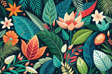 Colorful tropical floral background. Blooming flowers. Can be used as poster, exotic wallpaper. Vector illustration.