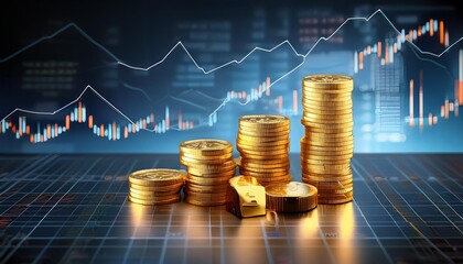 Gold bars on a financial chart- market trends illustration ; 3D vector coins; golden bitcoin
