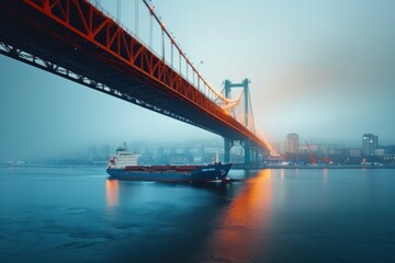 Fototapeta premium Maritime industry scene with ships, cargo, and dockworkers, highlighting ocean trade...