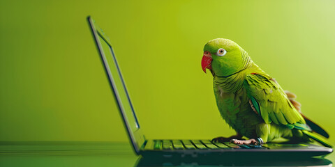 parrot on laptop, parrot with green back ground, wallpaper for parrot lovers, 