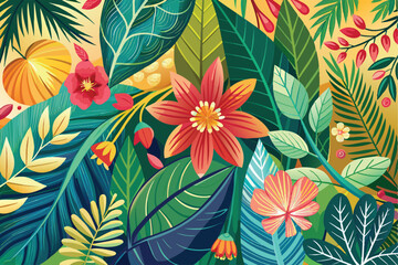 Colorful tropical floral background. Blooming flowers. Can be used as poster, exotic wallpaper. Vector illustration.