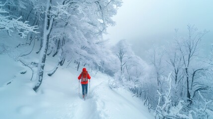 winter travel scene. a lone hiker in a snow covered forest. wearing bright winter gear. trekking through the snowy path.