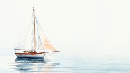 Fototapeta premium Serene watercolor painting of a sailboat on calm waters, capturing tranquility and peacefulness in minimalistic style.