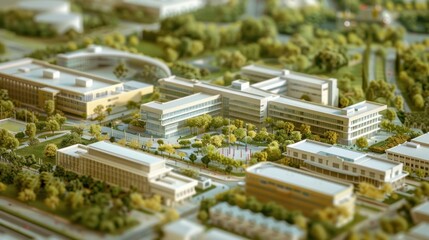 Healthcare Campus Maquette Rendering: Generate a photo realistic image of a maquette depicting a healthcare campus with hospitals, medical research facilities, and patient care centers