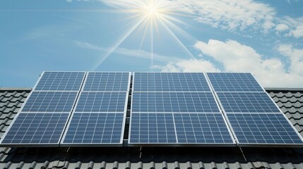 Obraz premium Solar panels under the sun, rooftop installation, sustainable energy, front view, ecofriendly power solution, technology tone, Analogous Color Scheme, copy space for text