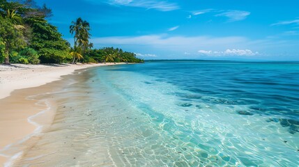 Stunning tropical beach scenery with clear blue waters, palm trees, and pristine white sand under a bright blue sky.