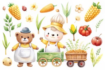 Adorable watercolor illustration of two bears, one carrying a cart of berries, surrounded by fruits and flowers.