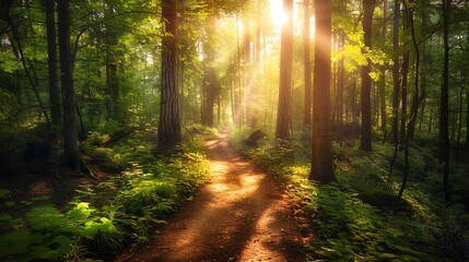 Obraz premium Sunlight streaming through a lush green forest, illuminating a serene pathway in a tranquil natural setting.