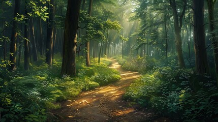 Fototapeta premium Sunlit forest path surrounded by lush greenery, creating a peaceful and serene natural scene perfect for nature and outdoor enthusiasts.