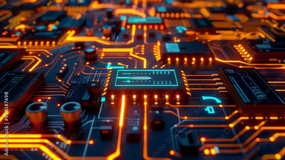 Poster a high-tech circuit board showcases intricate pathways and microchips, with glowing led lights highl