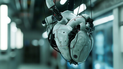 Fototapeta premium A white and black robot heart with the cables hanging from the ceiling