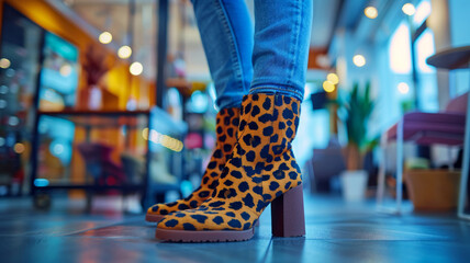Person wearing leopard print boots and blue jeans in a stylish boutique