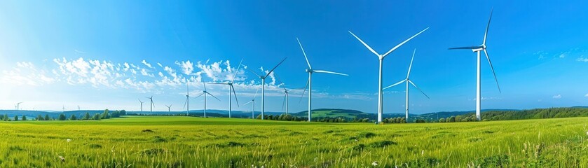 Fototapeta premium Sustainable wind turbines in the countryside, renewable energy, side view, modern green power, digital tone, Triadic Color Scheme, copy space for text