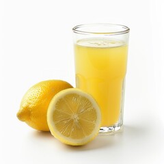 Medium shot of Lemon juice in a glass near the lemon, isolated on a white background