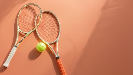 Two Tennis Rackets and a Tennis Ball on Peach Background