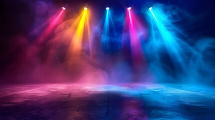 An empty stage is dramatically lit with vibrant blue and purple spotlights, casting a hazy glow and creating an anticipation for the upcoming performance