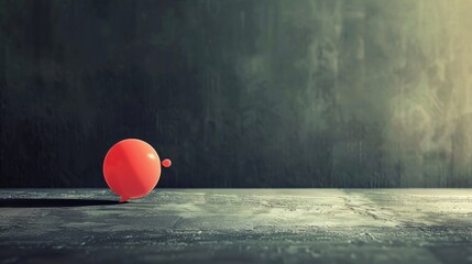 A single red balloon rests on a dusty floor against a textured, dark green wall.  A shaft of light highlights the balloon.