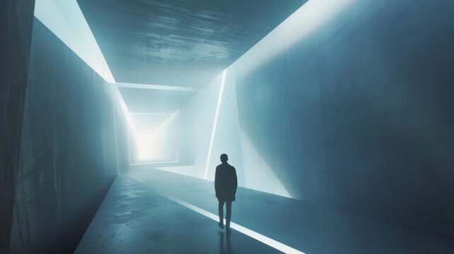 A solitary figure stands in a futuristic, abstract hallway bathed in blue light. The stark, minimalist design creates a sense of mystery and isolation.