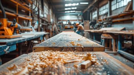 Busy Woodworking Workshop with Carpenter and Freshly Cut Wood Shavings