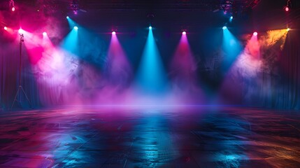 An empty stage is dramatically lit with vibrant blue and purple spotlights, casting a hazy glow and creating an anticipation for the upcoming performance