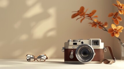 A vintage camera sits on a table with a pair of glasses and a branch of orange flowers in a vase, all bathed in warm sunlight.
