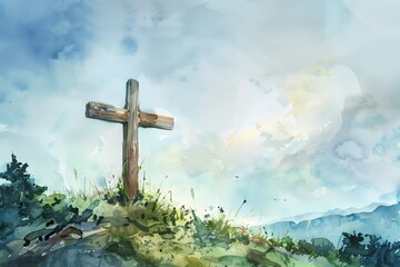 Big Wooden Cross on a Hillside Under a Bright Sky in Watercolor Style