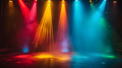 An empty stage is dramatically lit with vibrant blue and purple spotlights, casting a hazy glow and creating an anticipation for the upcoming performance