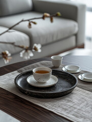 A cup of tea on a saucer with a tray on a wooden table