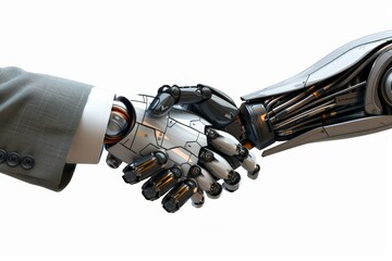 Futuristic handshake between a human and a robot, symbolizing technological partnership.