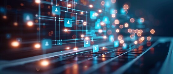 Obraz premium Modern digital interface with glowing icons and data connections over a laptop keyboard, illustrating technology and networking.