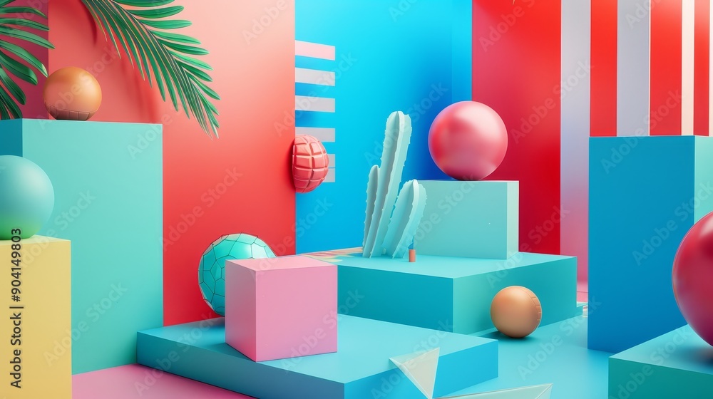 Poster abstract colorful geometric shapes and objects with palm leaves. a vibrant and playful 3d rendering,