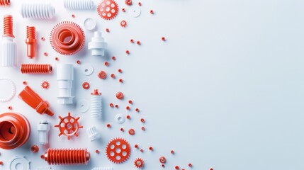 Obraz premium Red and white plastic components arranged on a light background, showcasing industrial parts and accessories suitable for various projects.