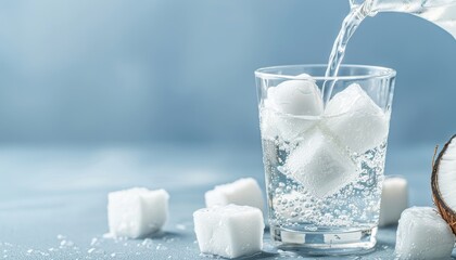 Refreshing drink featuring ice cubes and sugar in a clear glass, perfect for summer hydration and enjoyment.