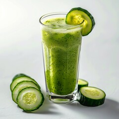 Medium shot of Glass of green cucumber juice near the cucumber, isolated on a white background, 