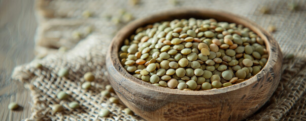 Obraz premium A close-up of green lentils in a wooden bowl, placed on a rustic tablecloth to highlight their natural look and texture.